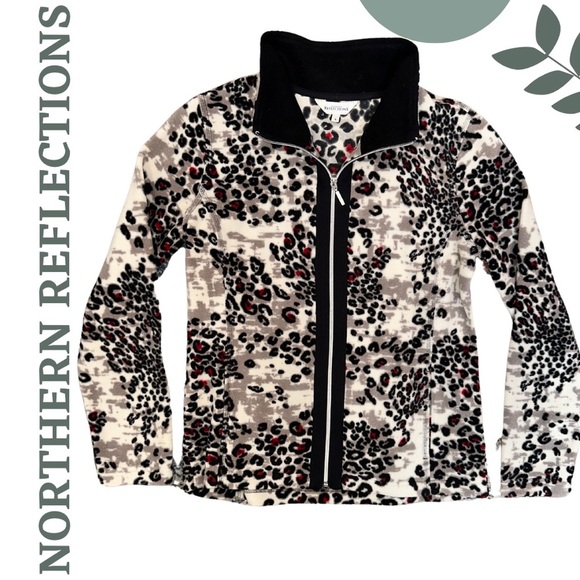 🛍️3/$40 Northern Reflections Animal Print  Fleece Jacket Contrast Collar  Small - Picture 1 of 5